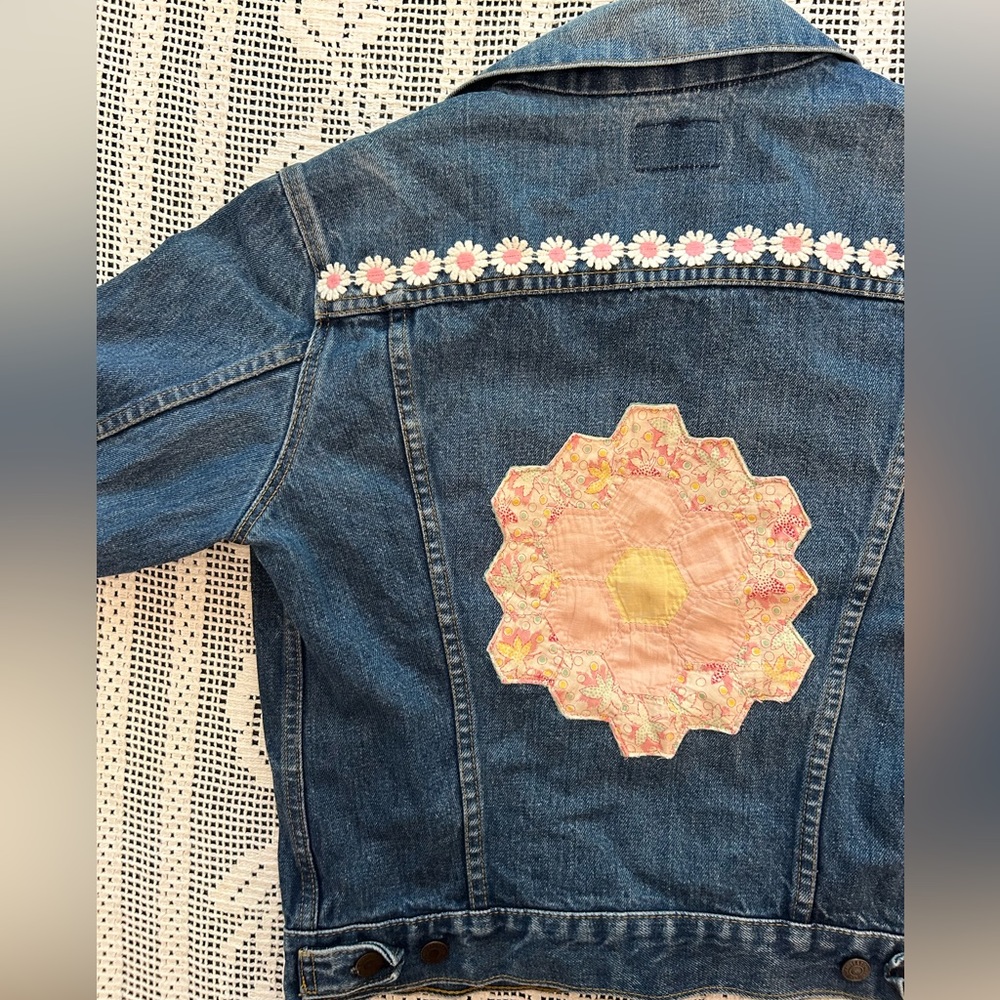 Upcycled Vintage Denim Jacket with Quilt and Floral Patchwork Details